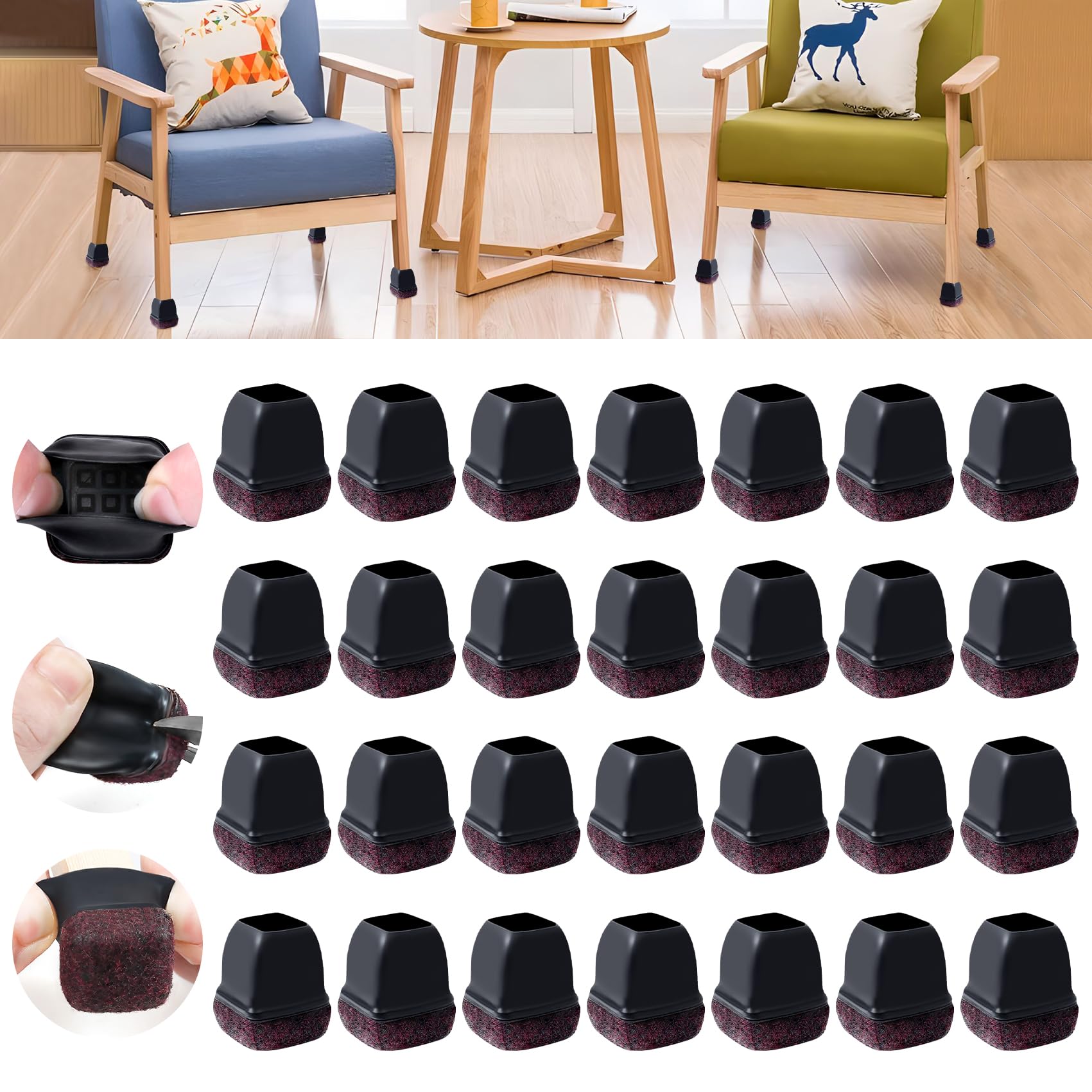 Ezprotekt Chair Leg Covers,Furniture Pads Table Leg Floor Protector for Hardwood Floors,Silicone Chair Leg Floor Protectors,Protecting Floors from Scratches and Noise (Square, Fit 0.5-0.8")