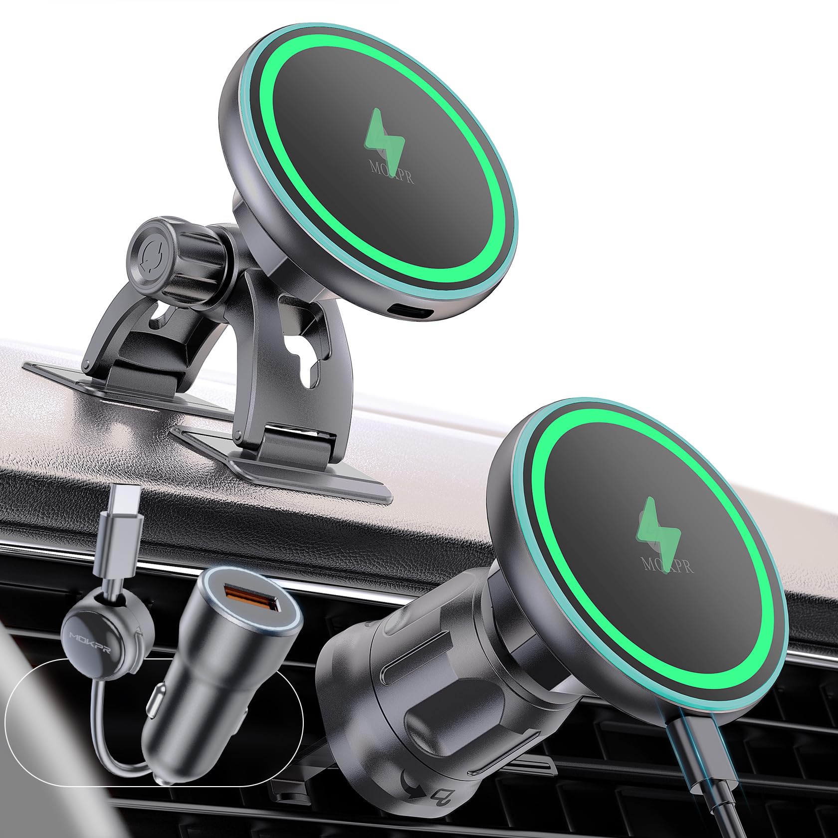 MOKPR for iPhone Magsafe Car Mount Charger, Wireless Car Charger Magnetic Car Phone Holder for Dash Air Vent-LED HandsFree Car Mount Fast Car Charger for iPhone 17/16/15/14/13/12