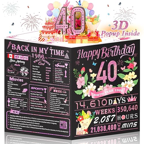 OLOSONG 40th Birthday Cards for Women, 3D Pop Up 40th Birthday Decorations Ideas for Mother, Rose Gold Happy 40 Year Old Birthday Gifts for Mom Wife Aunt Sister Her with Envelope, Jumbo Back In 1986
