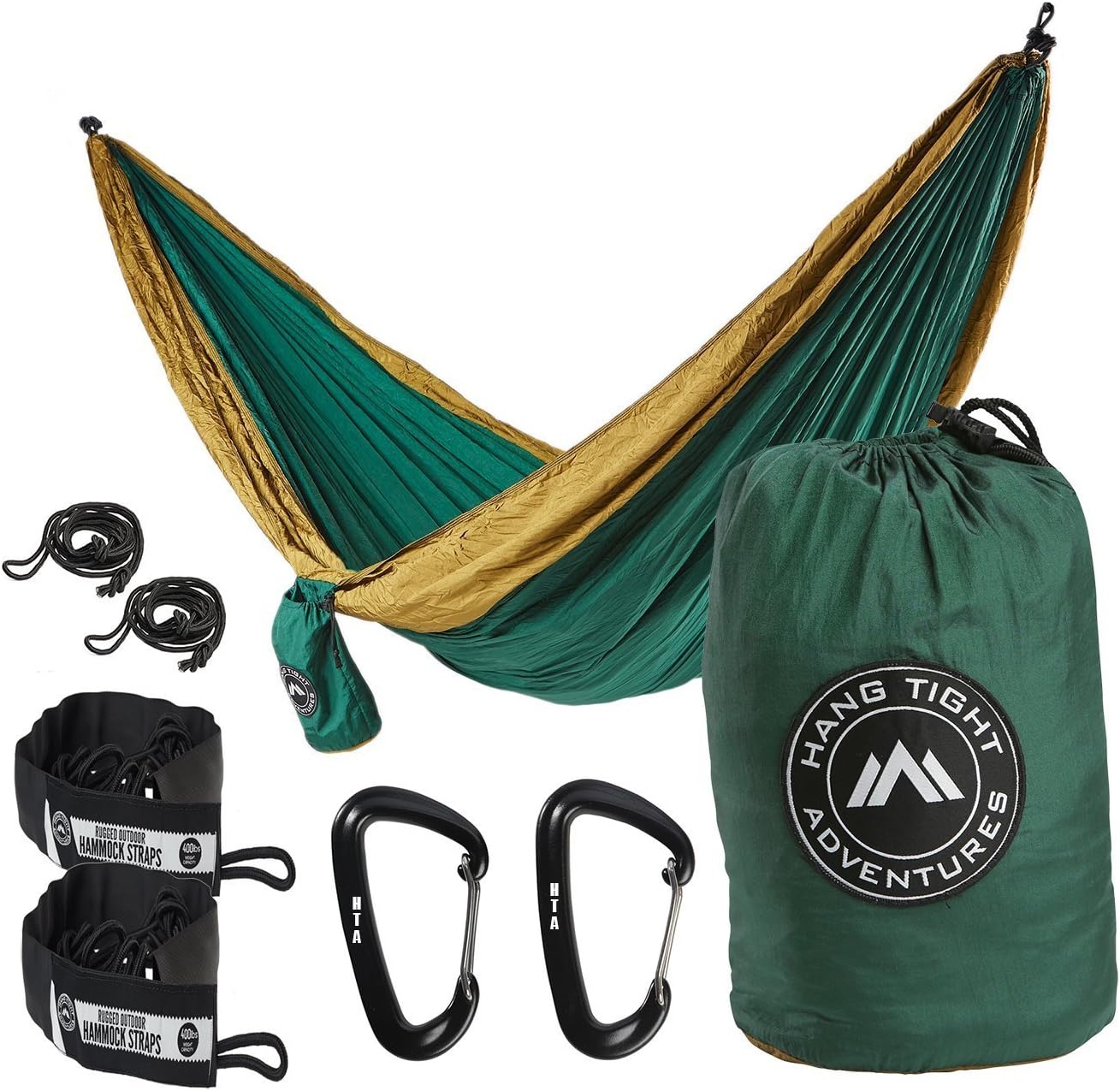 HangTight Adventures Durable Camping Hammock - Extra Strenght and - Perfect for Camping, Backpacking, and Relaxation - Parachute Hammocks are light and compact great for travel - Green-Taupe