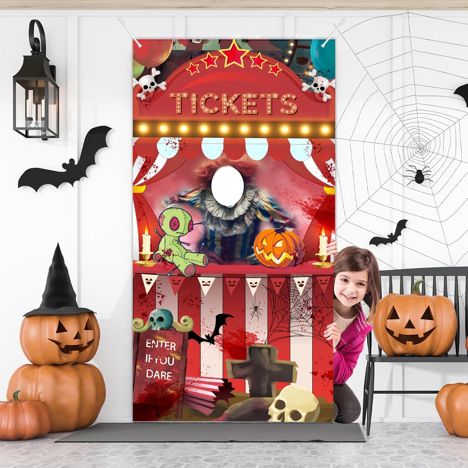Halloween Carnival Banner Party Decorations, Scary Clown Photo Door Banner Ticket Booth Backdrop Props, Large Hanging for Halloween Decorations Carnival Game Supplies