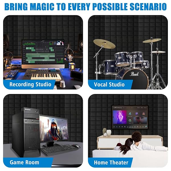 2 PCS ACOUSTIC PANELS,48”X24”X2” SOUND PROOF FOAM PANELS FOR WALLS,HIGH DENSITY FIRE RESISTANT & NOISE ABSORBING FOR STUDIO, OFFICE, HOME (BLACK, 2 PACK)