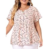 Agnes Orinda Plus Size Women's Summer Tops Floral Half Placket Short Sleeve Casual Blouses