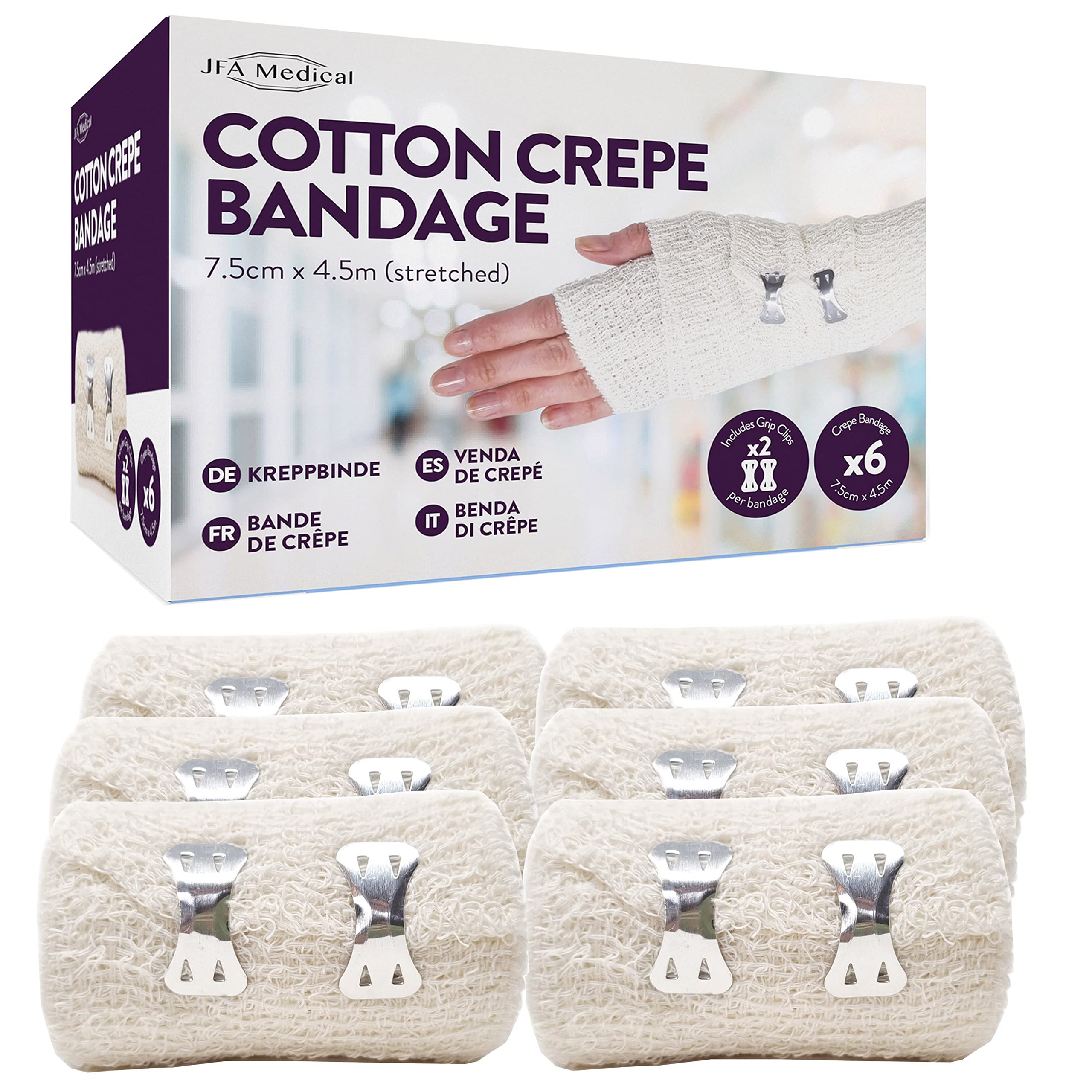 JFA Medical Cotton Crepe Bandages 7.5cm x 4.5m - Box of 6