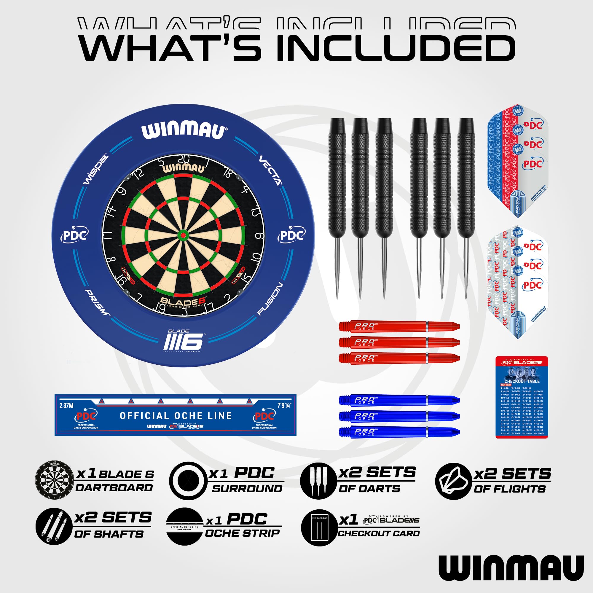 WINMAU PDC Blade 6 Dartscheibe Set mit Dart Surround – Steeldartscheibe Komplettset mit 2 Sets Steeldarts, Oche & Checkout-Karte – Professionelle Sisal Dartscheibe für Zuhause 2