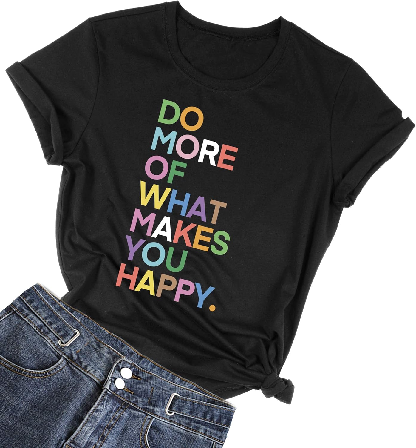 MIMOORN Womens Fun Happy Graphic Tees Summer Cute Letter Printed T-Shirts