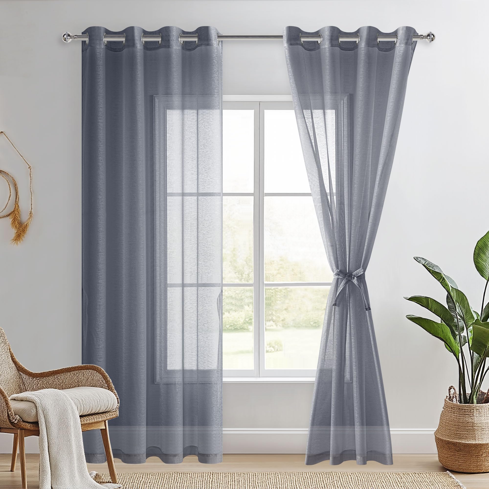 DWCN Sheer Curtains 96 Drop, Dark Grey Curtain with Tiebacks Semi Transparent Voile Grommet Curtains for Bedroom and Living Room, 2 Panels,W52 x L96