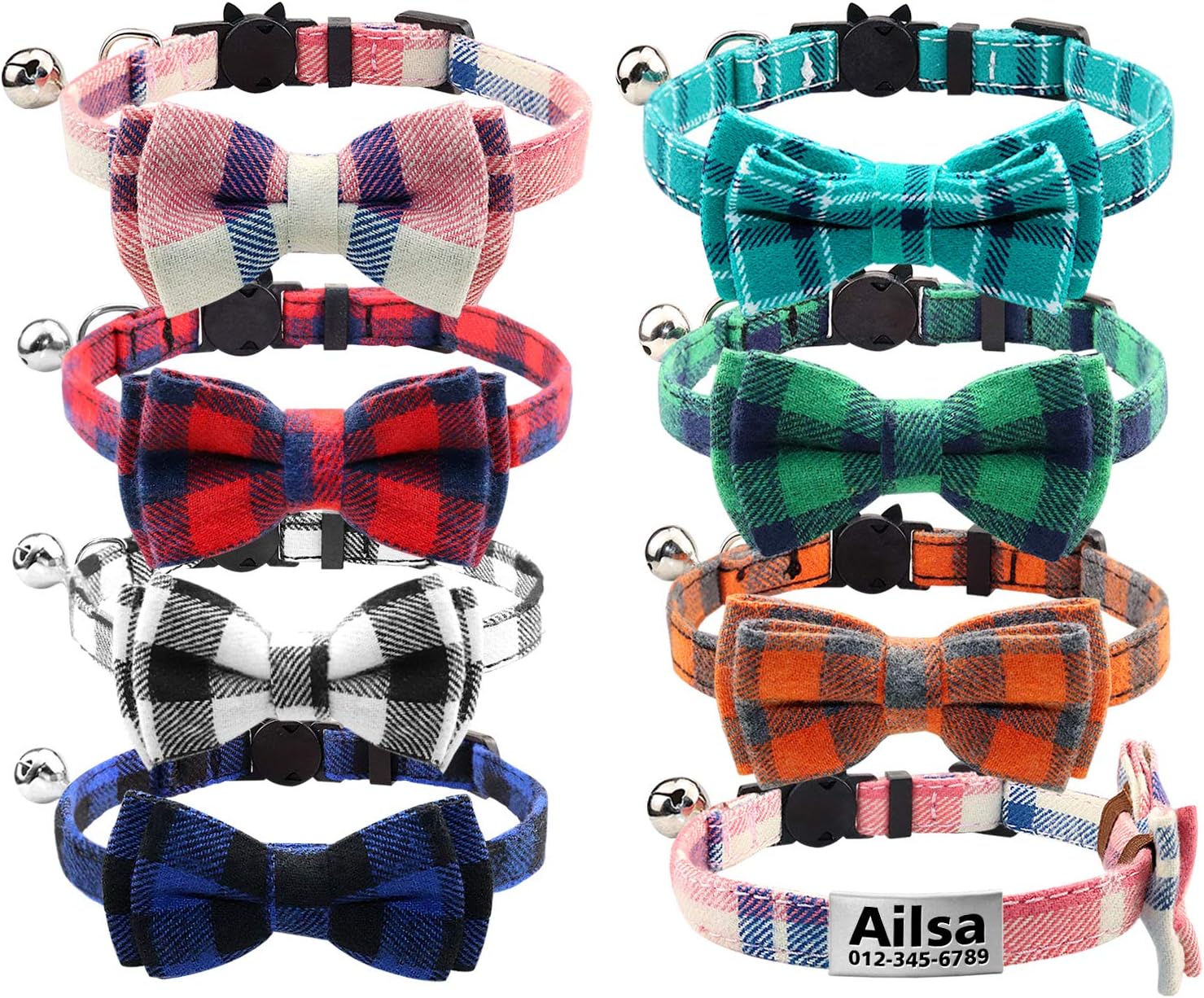 Vcalabashor Custom Cat Collars with Jingle Bell/Stainless Steel No Noise Slide-On Tags On Collar/3 Lines Personalized Text