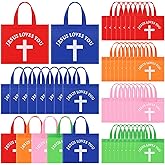Sweetude 50 Pcs Jesus Loves You Non Woven Bags Bulk Christian Religious Gift Bag Reusable Goodie Treat Bags with Handles for Kids Church Christian Religion Gift