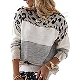 FindThy Women’s Leopard Printed Striped Sweater Crewneck Knitted Long Sleeve Color Block Pullover