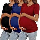 Ficerd 3 Pack Women's Maternity Shirts Ribbed Puff Short Sleeve Pregnancy Tops Round Neck Side Ruched Pregnant Clothes