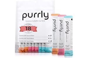 Purrly Cat Treat Snack Wet Lickable Low Calorie Healthy Grain-Free Tuna Variety Packs (18 Count) Squeezable Creamy Purée with Human-Grade Proteins and Functional Nutrients No-Artificial-Additives