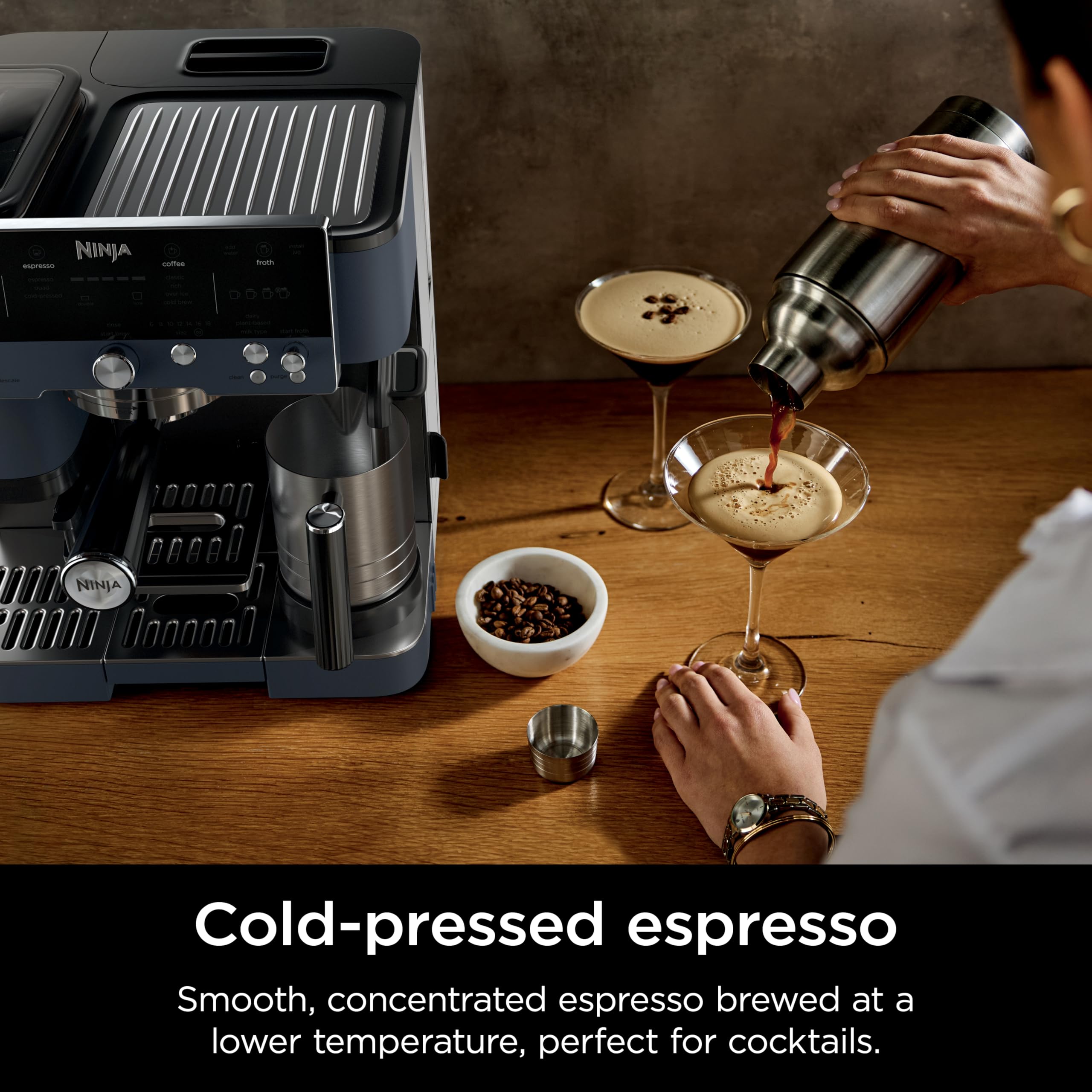 Ninja Luxe Café Premier Series, Máquina de café expreso, Cafetera de goteo y preparación en frío rápida, Molinillo integrado, Tamper asistido, Espumador manos libres, para capuchinos y lattes, Cyberspace, ES601CY