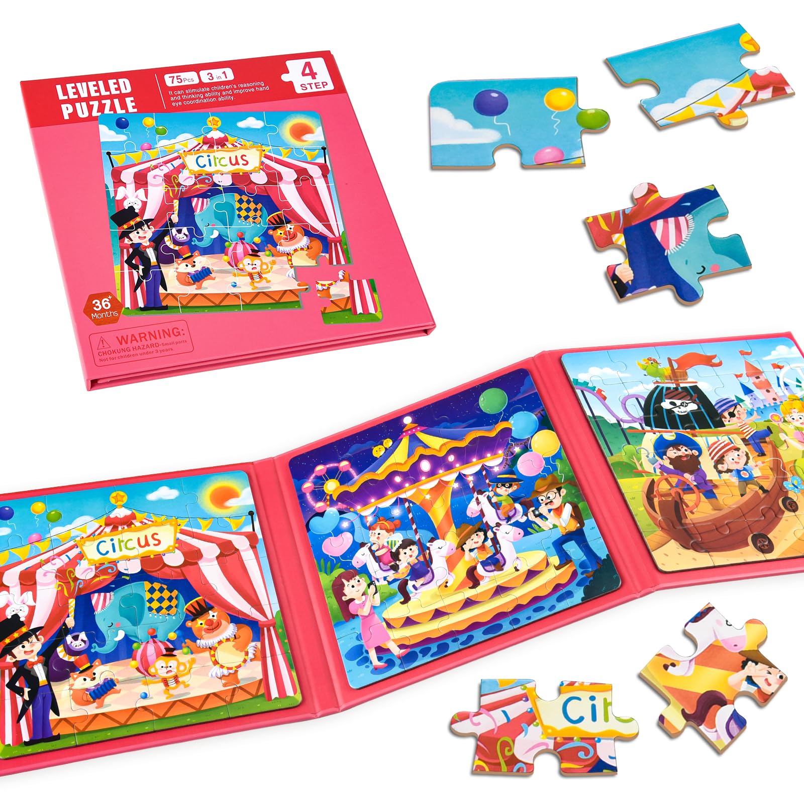 ASTARON Magnetic Puzzles for Toddlers, 20-25-30 Pieces Circus Carousel Learning Magnet Puzzles for Road Trip, Educational Travel Toys Car Plane Activities for Kids, Kids Birthday Gifts