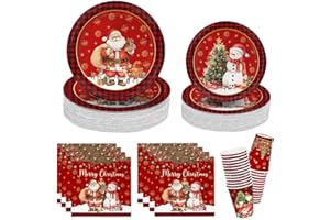 AVQOHE Christmas Party Plates Snowman Santa Xmas Red Plaid Table Supplies Kit Serve 26, Includes Dinner Plates, Dessert Plates, Napkins and Cups for Christmas Party Decoration