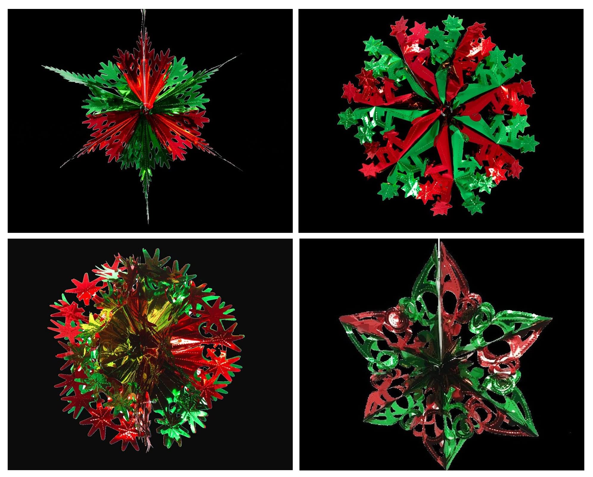 Simply Products Set of 4 40cm Christmas Foil Ceiling Garland Hanging Xmas Decoration, Long Star, Snowflake, Star Ball & Star (Dark Green & Red)