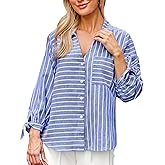 CUPSHE Women's Casual Striped Top V Neck Button Down Shirt Long Sleeve Tie Cuffs Loose Fit Blouse