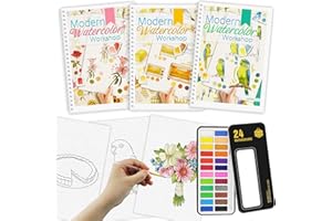 ADEVIAN 3Pcs Watercolor Workbook Paint Book Beginner Friendly Painting Kit, 36 Pages Workbooks with 24 Paint Colors & Brush for Beginners, Stress-Relieving Gift for Women Adults (Bird&Flower&Kitchen)