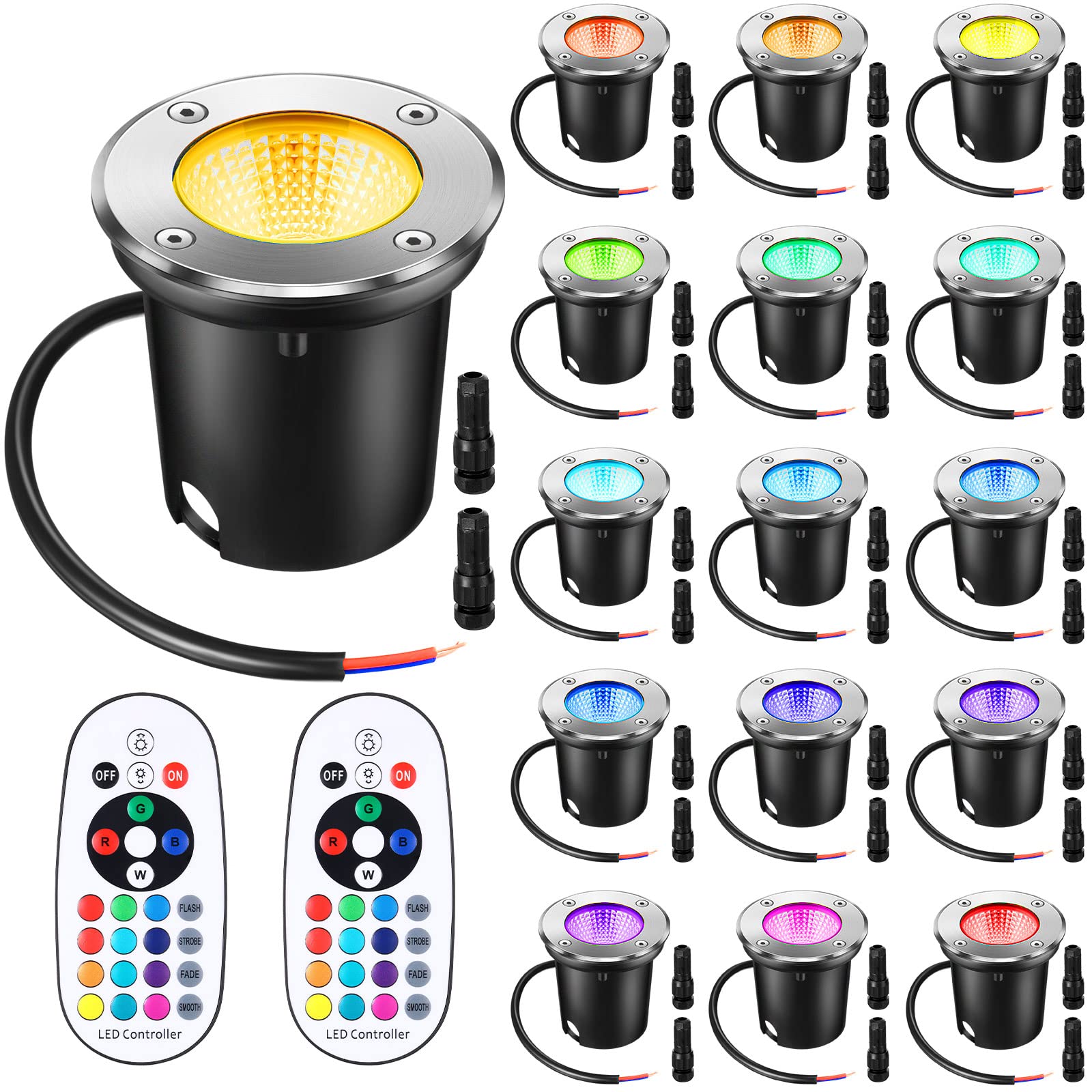Photo 1 of Tuanse 16 Pack Low Voltage Landscape Lights with 32 Connectors and 2 Remotes, RGBW Colored LED Well Lighting 12V-24V Waterproof Outdoor In Ground Lights for Garden Pathway Deck