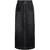 POTILI Long Denim Skirt for Women Stretch Maxi Skirt with Back Slit High Waisted Pencil Jean Skirt with Pockets Casual
