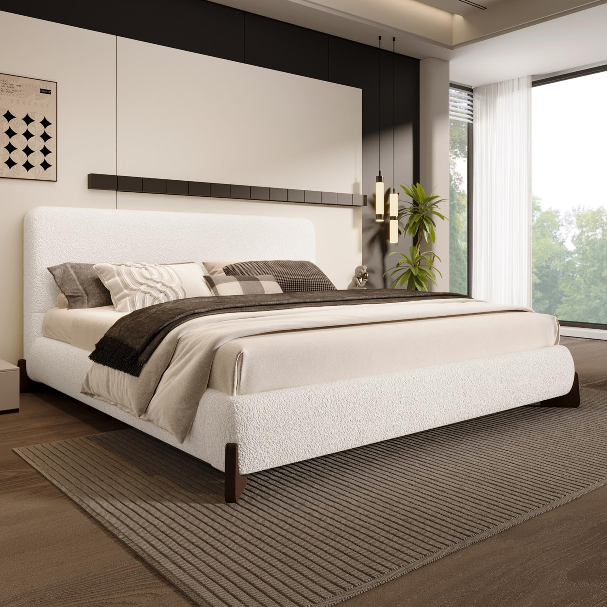 Photo 1 of **not complete set 1 of 2 ***Merax Boucle Upholstered Bed, King Bed Frame and Headboard, Platform Bedframe, No Box Spring Required, Easy Assembly, White