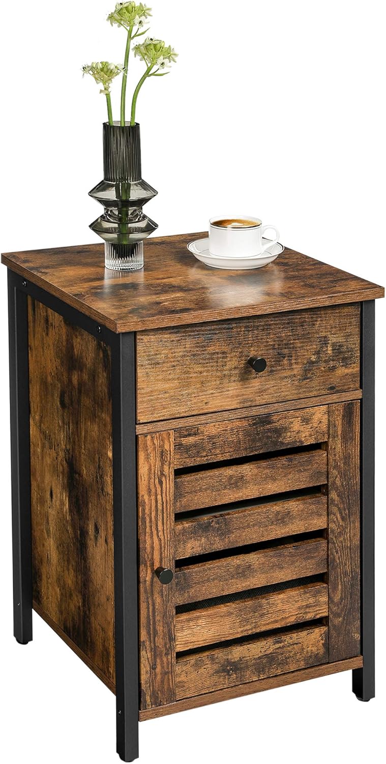 VASAGLE Nightstand, Side Table with Drawer, Shutter Door, End Table with Adjustable Shelf, Metal Frame, Industrial Style, Rustic Brown and Black ULET063B01: Kitchen & Dining
