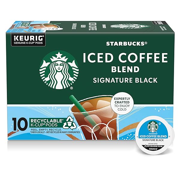 STARBUCKS K-CUP PODS, MEDIUM ROAST ICED COFFEE BLEND, SIGNATURE BLACK FOR KEURIG MAKERS, 100% ARABICA, 1 BOX (10 PODS)