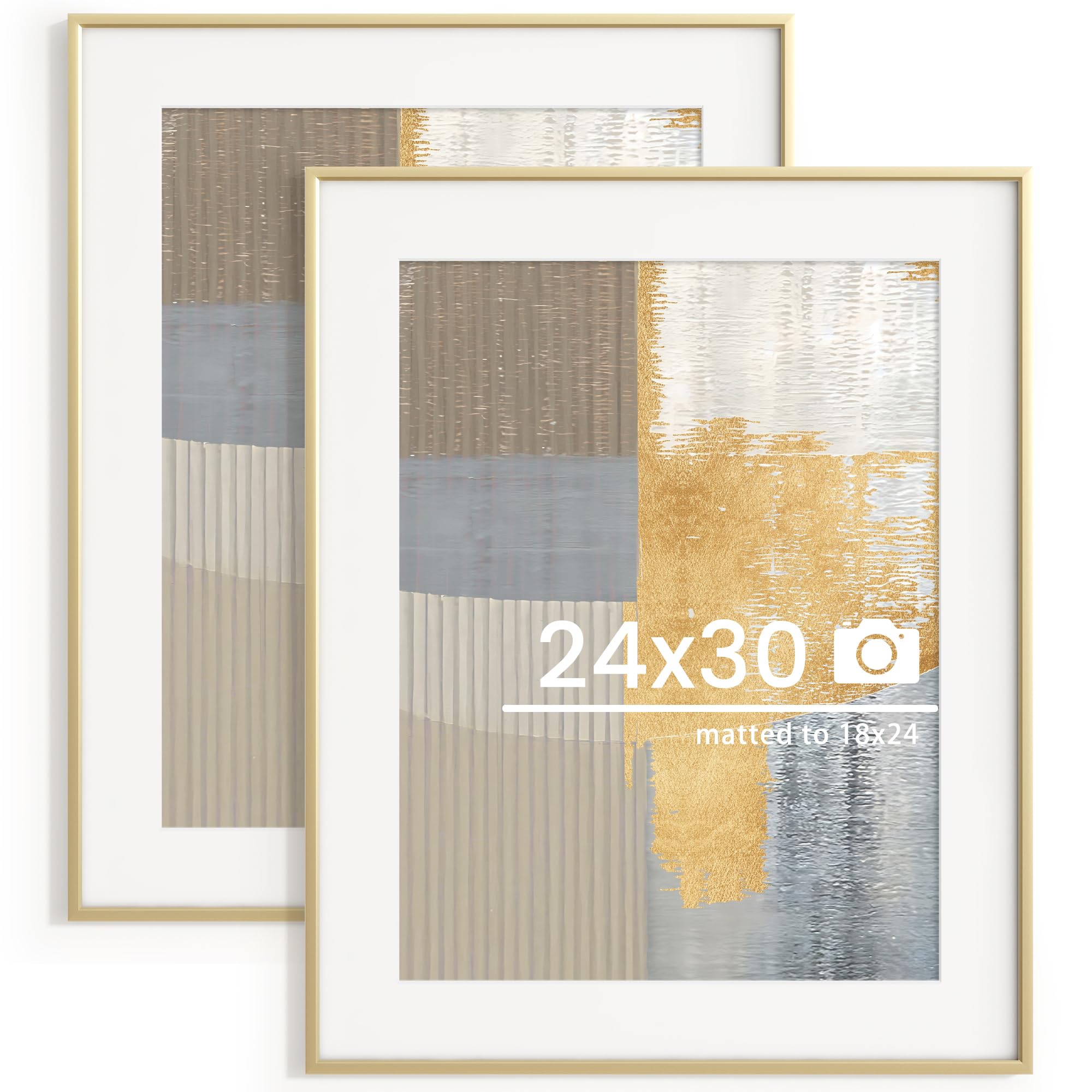 Photo 1 of 24x30 inch Metal Poster Frame - 24 x 30 Thin Aluminum Picture Frames Matted for 18x24 Photos, Artworks, Prints, Puzzle - High Definition Plexiglass - Vertical and Horizontal Display - Wall Hook Hanging Hardware Included - Gold, 2 Pack