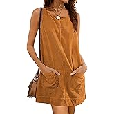 Hooever Women's Corduroy Overall Dress Round Neck A Line Skirtall Jumper Mini Dress Pinafore with Pockets(Khaki-M)