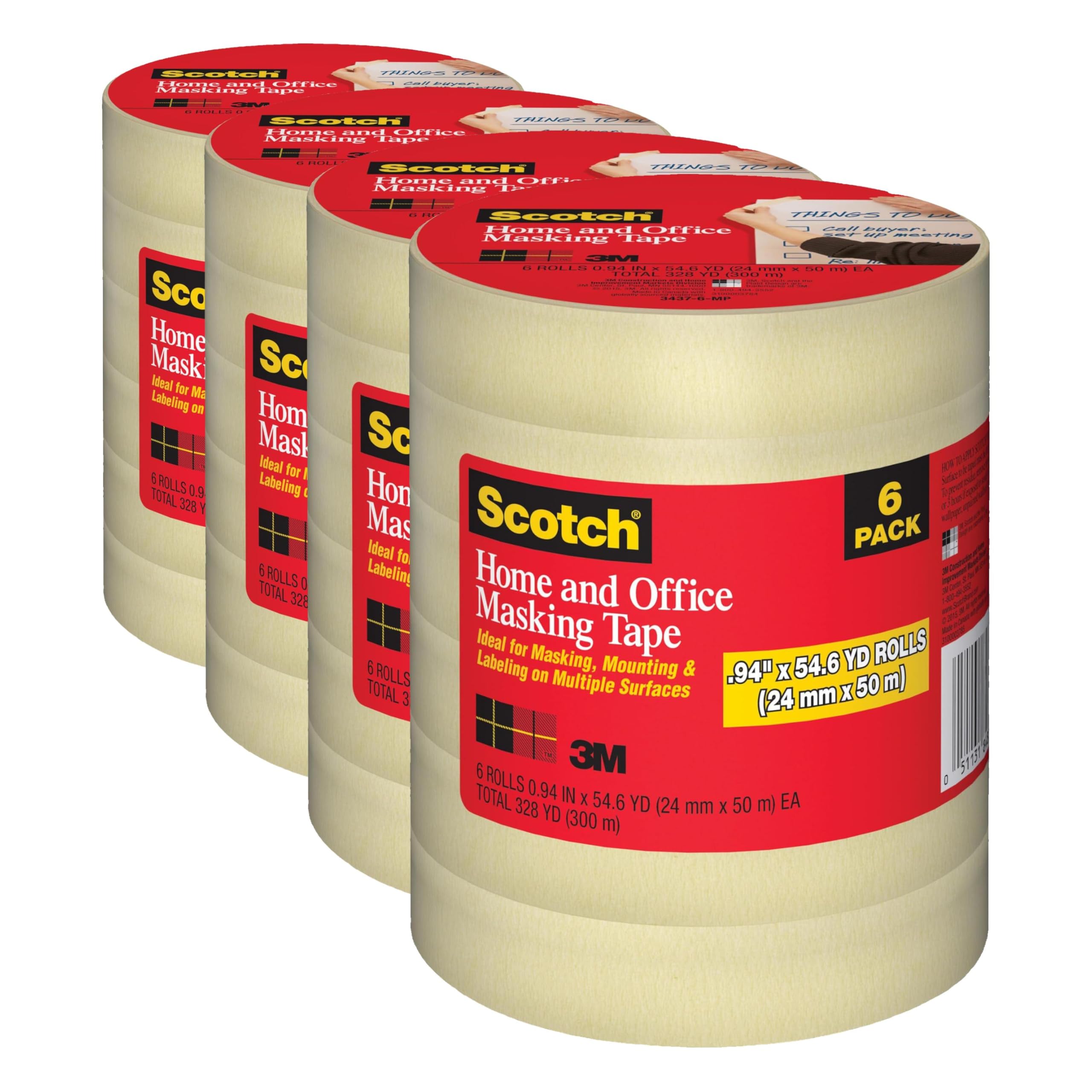 Scotch Masking Tape, 6 Rolls, 0.94 in x 54.6 yd, Great for Everyday Use, Strong Adhesive, Tan Masking Tape (3437-6)| (Pack of 4) Image