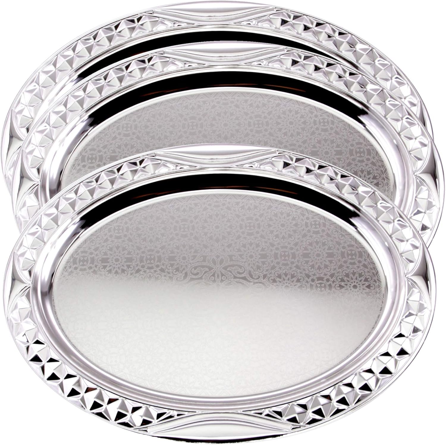 Maro Megastore (Pack of 3 20.2 inch x 14.8 inch Oval Chrome Plated Serving Tray Stylish Design Floral Engraved Edge Decorative Party Birthday Wedding Dessert Buffet Wine Platter Plate TLA-313