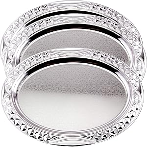 Maro Megastore (Pack of 3 20.2 inch x 14.8 inch Oval Chrome Plated Serving Tray Stylish Design Floral Engraved Edge Decorative Party Birthday Wedding Dessert Buffet Wine Platter Plate TLA-313
