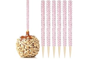 MGWOTH 32 PCS Bling Candy Apple Bamboo Sticks,Caramel Apple Wooden Pointed Skewers with Rhinestones Diamond Mesh Wrap,Fruit Treats Pop Dec Bar for Dessert Table Tea Party Birthday Wedding (Pink)