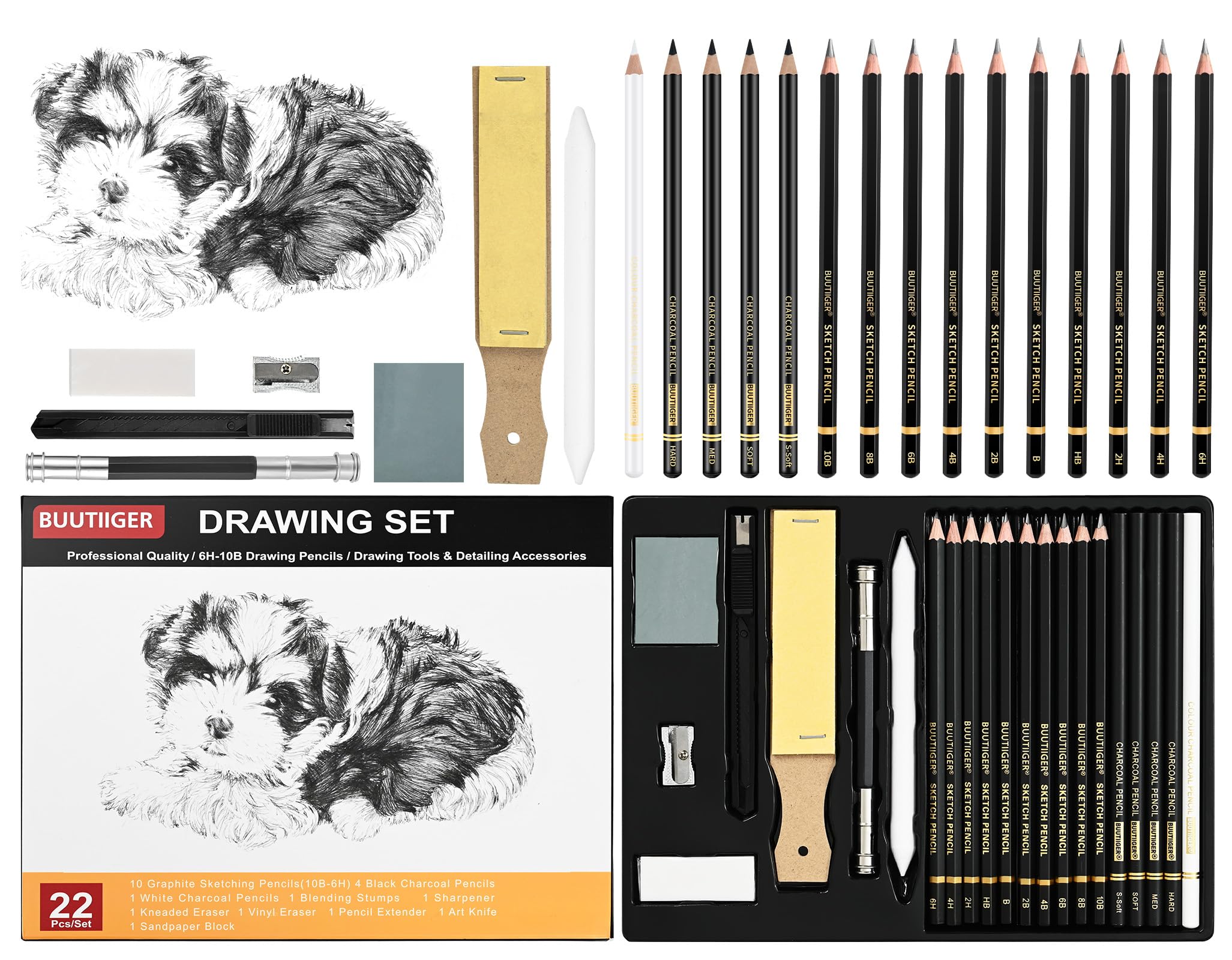 Photo 1 of 22-Piece Drawing kit Sketch Pencils Set - Graphite Pencils (6H-10B) Black and White Charcoal Pencil Charcoal Sticks - Drawing Pencil Kit for Artists Adults Teens Beginner, Ideal for Shading, Blending