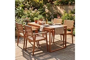 COSTWAY Outdoor Dining Set for 4, 5 Pieces Acacia Wood Table and Armchairs Set with Rattan Backrest and Seat, Adjustable Foot
