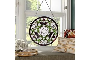 YOURANJU Handcrafted Stained Glass Window Panel - 12-Inch Round Floral Design with Vibrant Colors, Elegant Decorative Hanging Art for Home Décor, Includes 20-Inch Chain & Hook (Green iris)