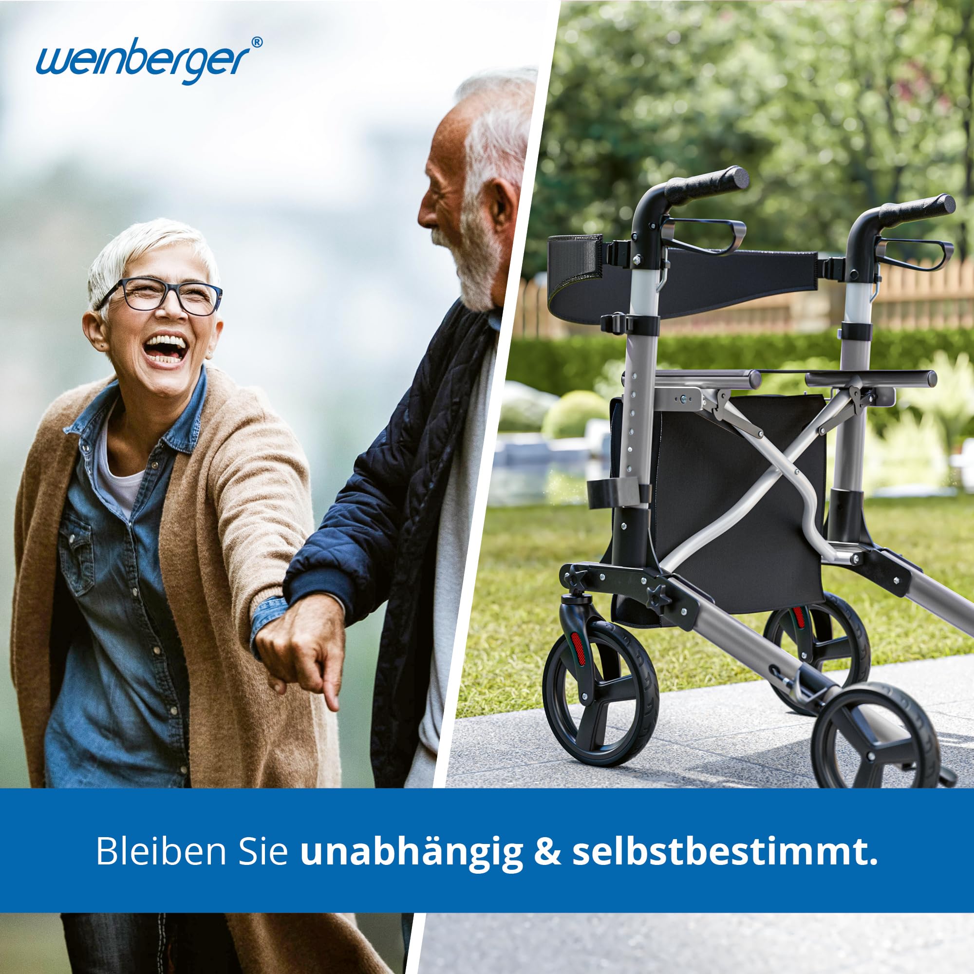 Weinberger Alu-Rollator, 3-fach faltbar, klein, klappbar, einfach, leicht Transport, Medizinprodukt Klasse 1, für Drinnen und Draußen, Leichtgewicht: 7,6 kg, Gehwagen, Gehhilfe, 02394 7