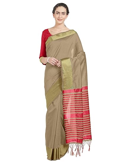 Womens Poly Cotton Woven Saree With Tassels At Pallu & Contrast Blouse Piece