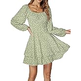 LYANER Women's Lantern Long Sleeve Wrap Tie Back Square Neck Double Layer Ruffle Hem A Line Short Mini Dress Floral Green Large