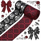 Gothic Wired Edge Ribbon 2 Rolls, Vintage Skull Pattern Ribbon | 2.5'' x 10Yard Raven Rose Pattern Ribbon Red Black Ribbons for Halloween Wreath, Gift Wrapping, Dark Wedding