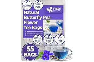 FreshDrinkUS, Premium 55 Butterfly Pea Tea Bags, 100% Natural and Pure from Butterfly Pea Flowers, Hand-made, Made With Natural Materials-Corn Fiber Tea Bag, Sugar/Caffeine/Gluten Free, Vegan