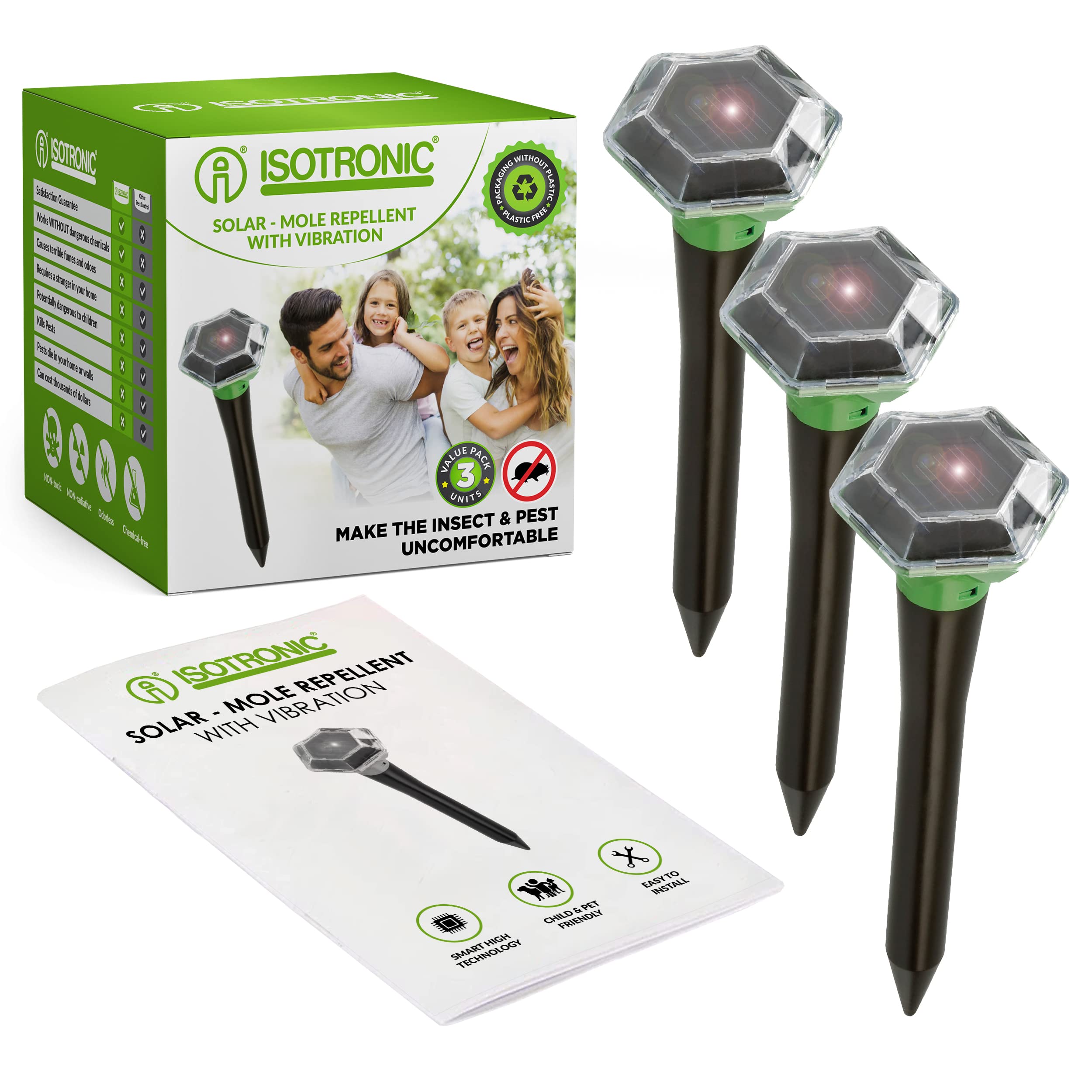 ISOTRONIC® Solar Mole Scarer, Effective Vibrasonic Deterrent against Mole, Mouse, Rat, Ant, Vole, Snake - High Frequency Outdoor Repeller - Pack of 3 Pcs.
