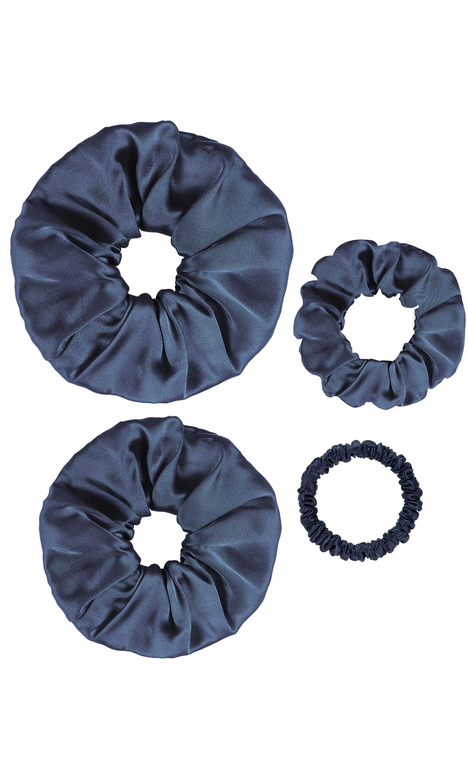 LILYSILK 4Pc Silk Scrunchies Set Navy Blue, Large & Skinny Set, for Womens & Girls Charmeuse Silk Scrunchy for Hair, 100 Silk Elastic Tie, Large Scrunchies