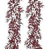 RECUTMS Artificial Hanging Willow Leaves Vine Twigs 2Pcs 5.7Ft Fake Silk Burgundy Leaf Ivy Fall Garland Faux Greenery Indoor Outdoor Valentines Day Wedding Birthday Christmas Thanksgiving Party Decor