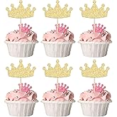 24Pcs Crown Cupcake Toppers Glitter Queen Crown Cupcake Picks for Queen Princess Theme Baby Shower Girls Wedding Birthday Party Cake Decorations Supplies Gold