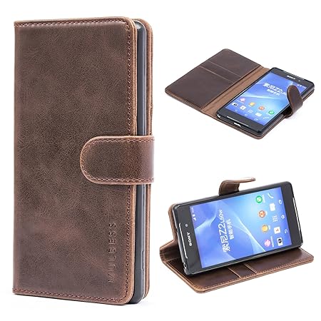 Mulbess Ledertasche im Ständer Book Case / Kartenfach für Sony Xperia Z2 Tasche Hülle Leder Etui,Vintage Braun