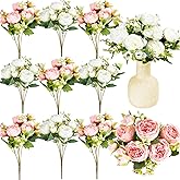 Jexine 12 Bundles Silk Artificial Peonies Flowers Faux Peony Bouquet Fake Peonies Artificial Flowers Bouquets for Vase Floral Arrangements Wedding Home Table Decoration (White,Pink)