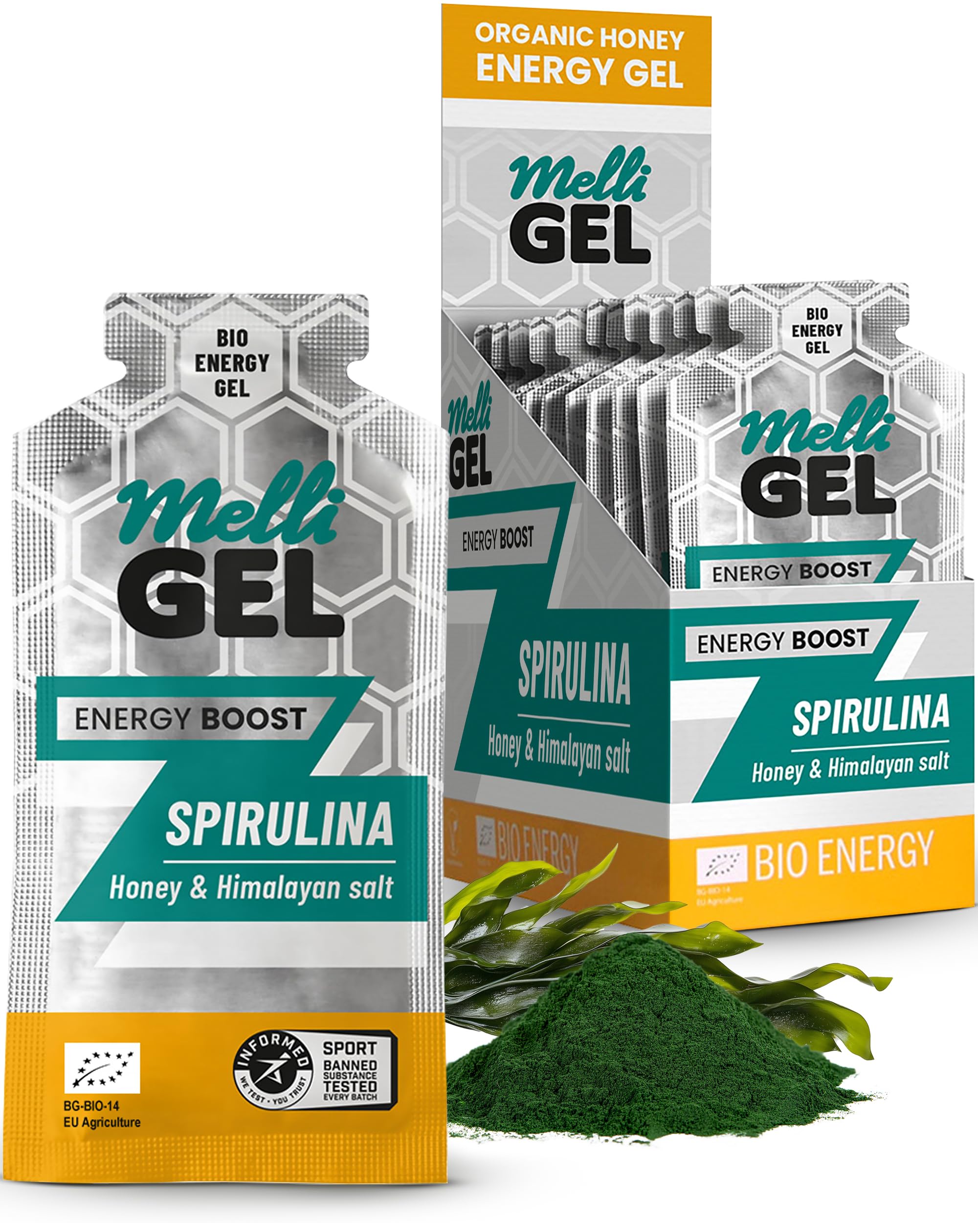 MelliGEL Energy Gel Spirulina – 100% Organic Energy Gels with Honey & Himalayan Salt – Can Be Taken Before, During & After Intense Activities – 32 g, Box of 12