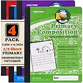 Mintra Primary Composition Notebook, 4 Pack, Assorted Colors 80 Sheets, 7.5in x 9.75in, 1/2 Sheet, Ruled with Drawing Area, Flexible Hardcover Journal, Grades K-2, School & Home Use