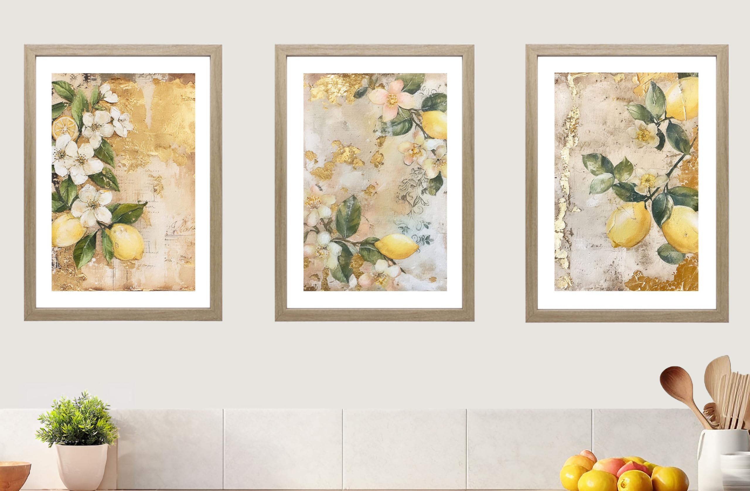 Rustic Lemons Abstract Set of 3 Unframed Wall Poster Prints, Lemon Tree Flowers, Textured Walls, Kitchen Lounge Bedroom Bathroom Home Decor, Yellow Green Gold Effect (A4)